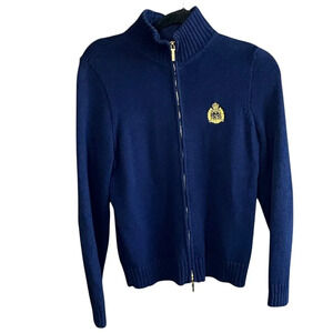 Lauren Ralph Lauren Navy Blue Crest Logo Cardigan Sweater Size Medium